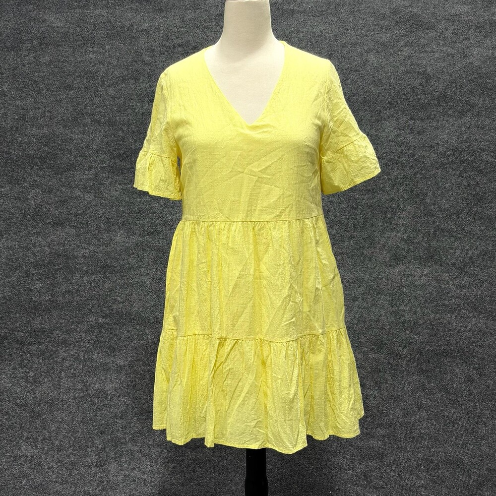 FANCYINN Dress Womens XXL Yellow V Neck Flutter Sleeve Tiered Swing Sundress